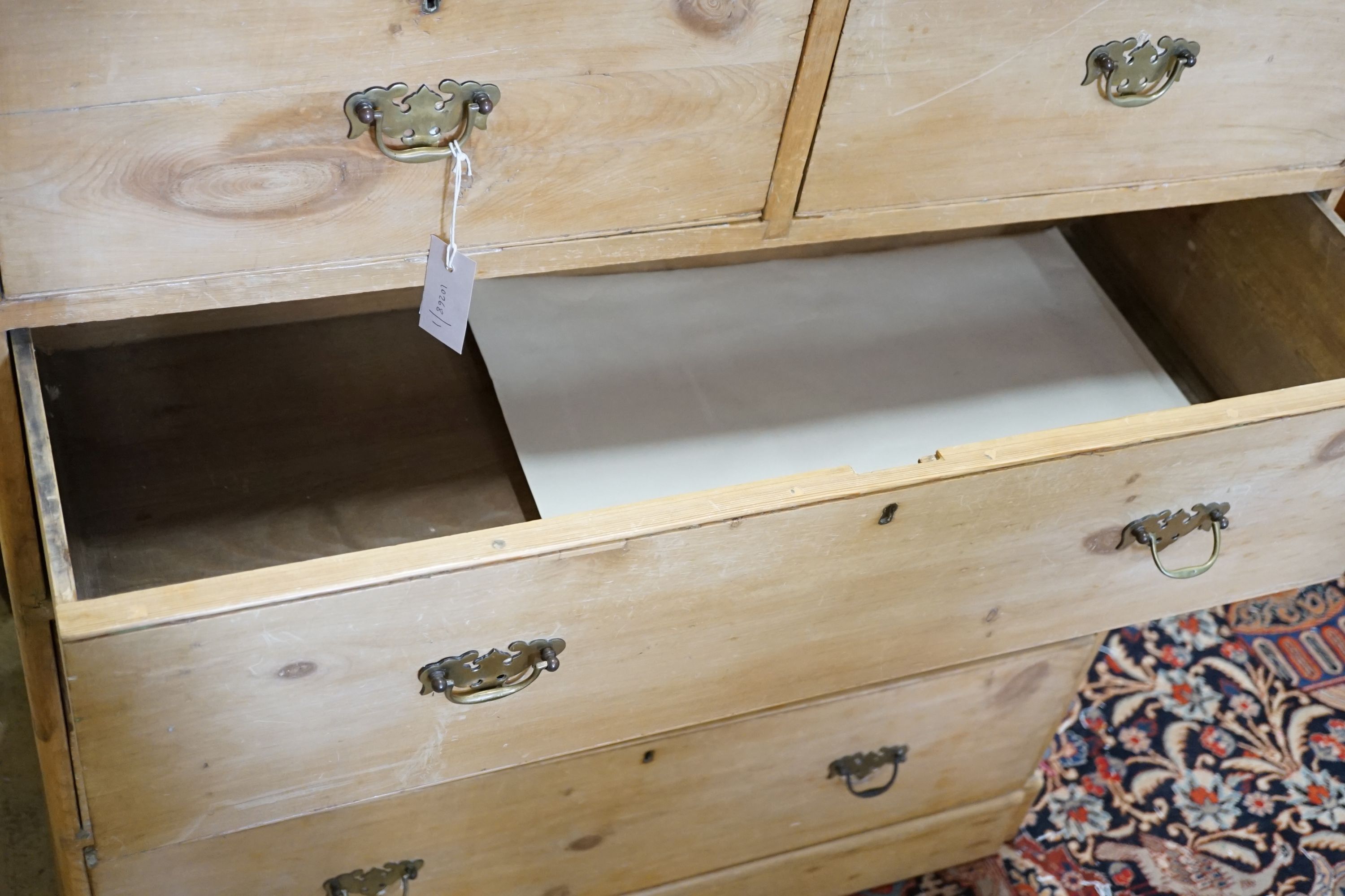 A Victorian pine chest of five drawers, width 104cm, depth 53cm, height 119cm